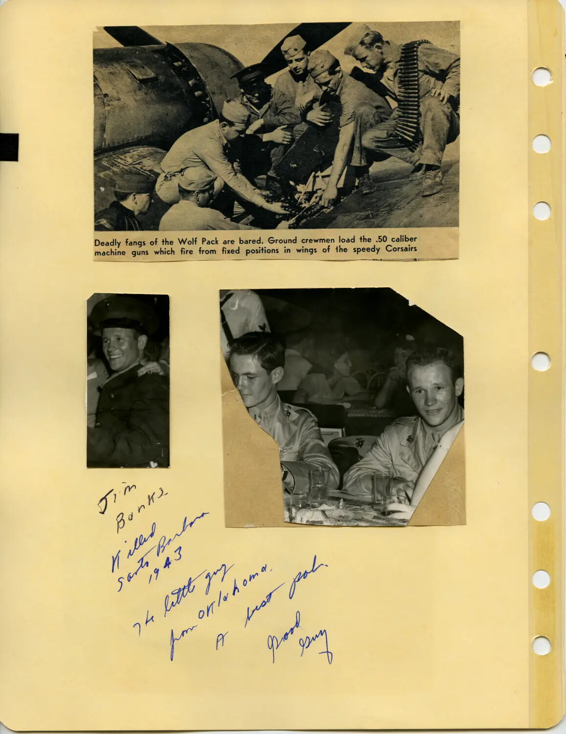 WWII Scrapbook Page: Marine Corsair Squadron Ground Crew Clipping and Personal Photos with Handwritten Memorial Note for 'Jim Banks,' Killed 1943