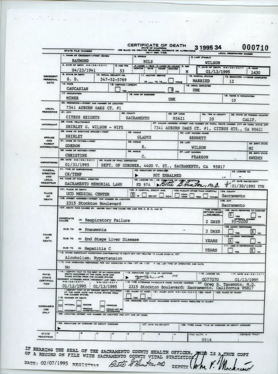 Certified Copy of California Certificate of Death – Raymond Nils Wilson (1995) – Non-Military Document Found in WWII Burma Archive Folder