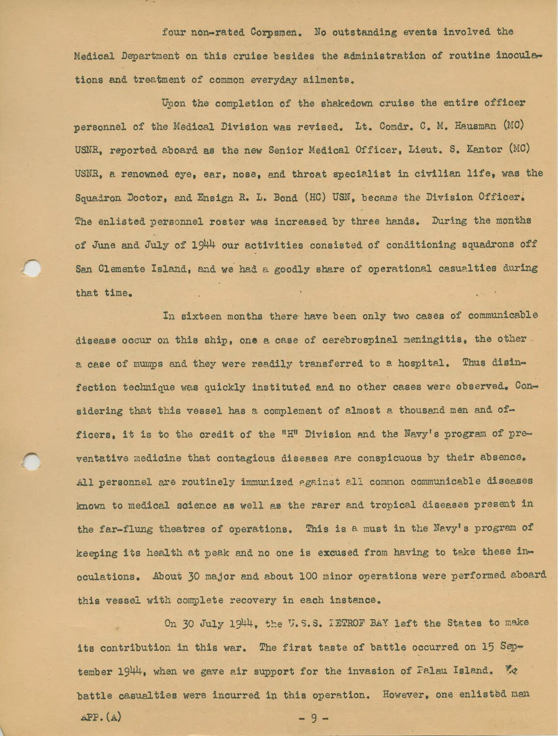 USS Petrof Bay (CVE-80) Ship's History, Appendix (A), Page 9 - Medical Department Personnel, Preventive Medicine, and Palau Invasion