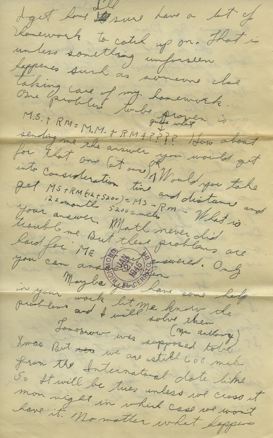 Handwritten Letter Page, "MOON SAMMIET" Correspondence, Dated January 1946 (Richmond Postmark)