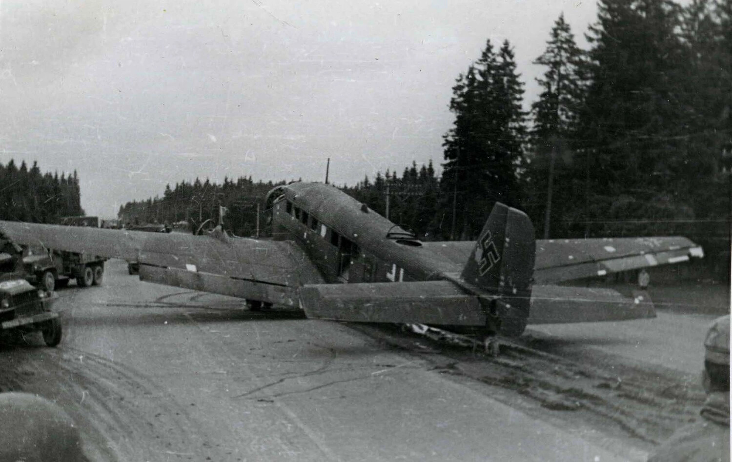 Captured Junkers Ju 52 Transport Aircraft on German Autobahn, WWII European Theater