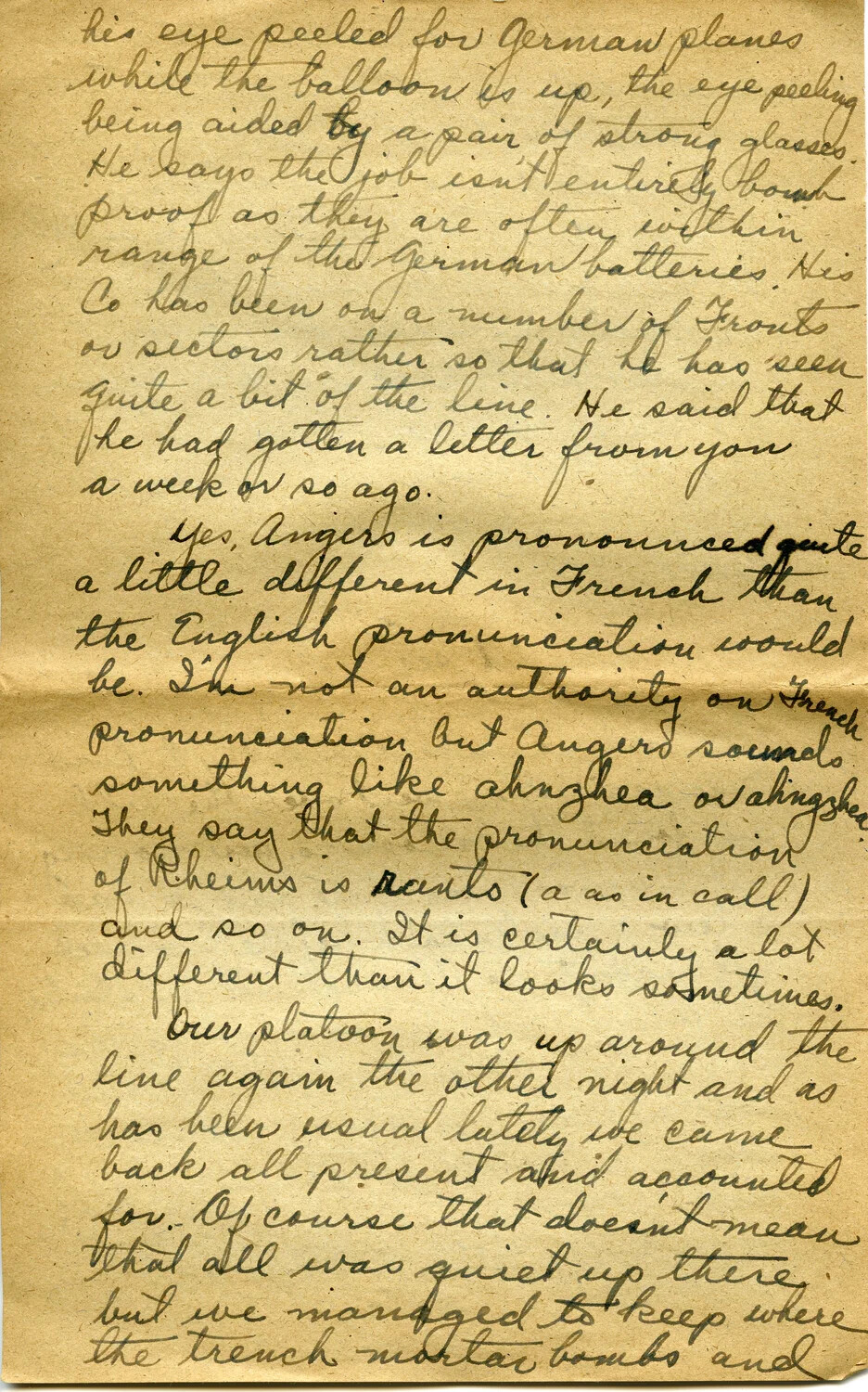 Handwritten WWI Letter Page from Pvt. Willis W. Wagener Describing Observation Balloon Duty and Front-Line Patrol, France