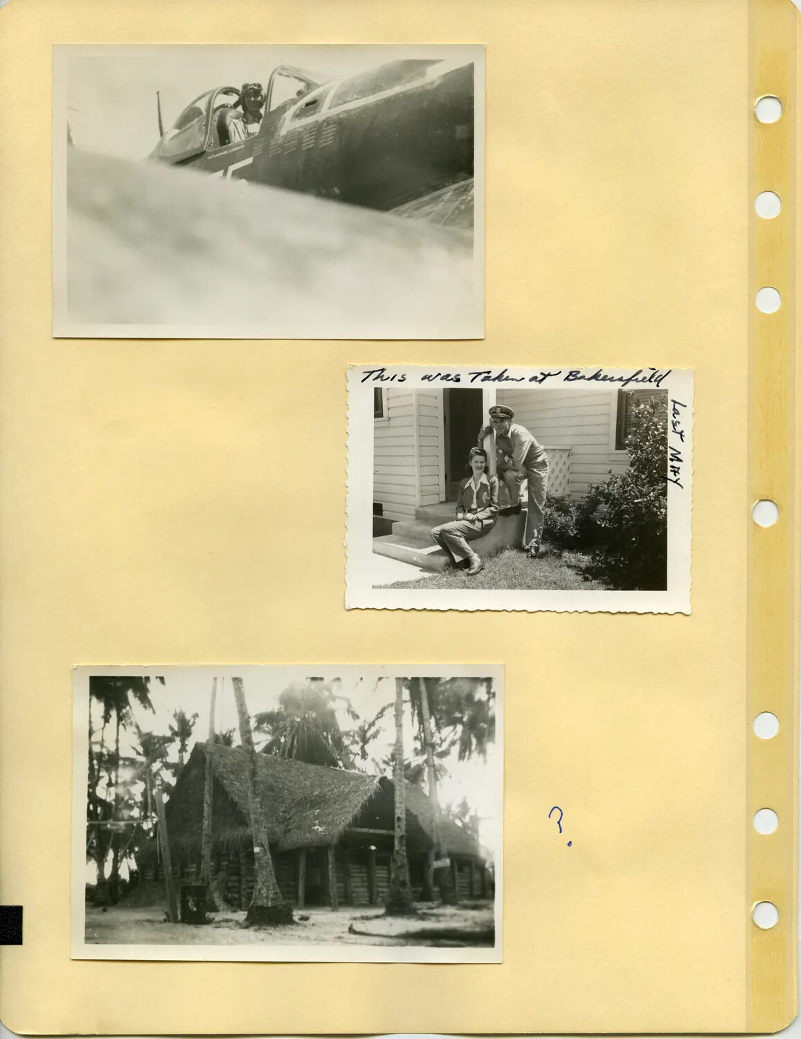 Album Page: F4U Corsair Cockpit, Bakersfield Home-Front Portrait, and Pacific Island Huts — Pat McAleer Collection