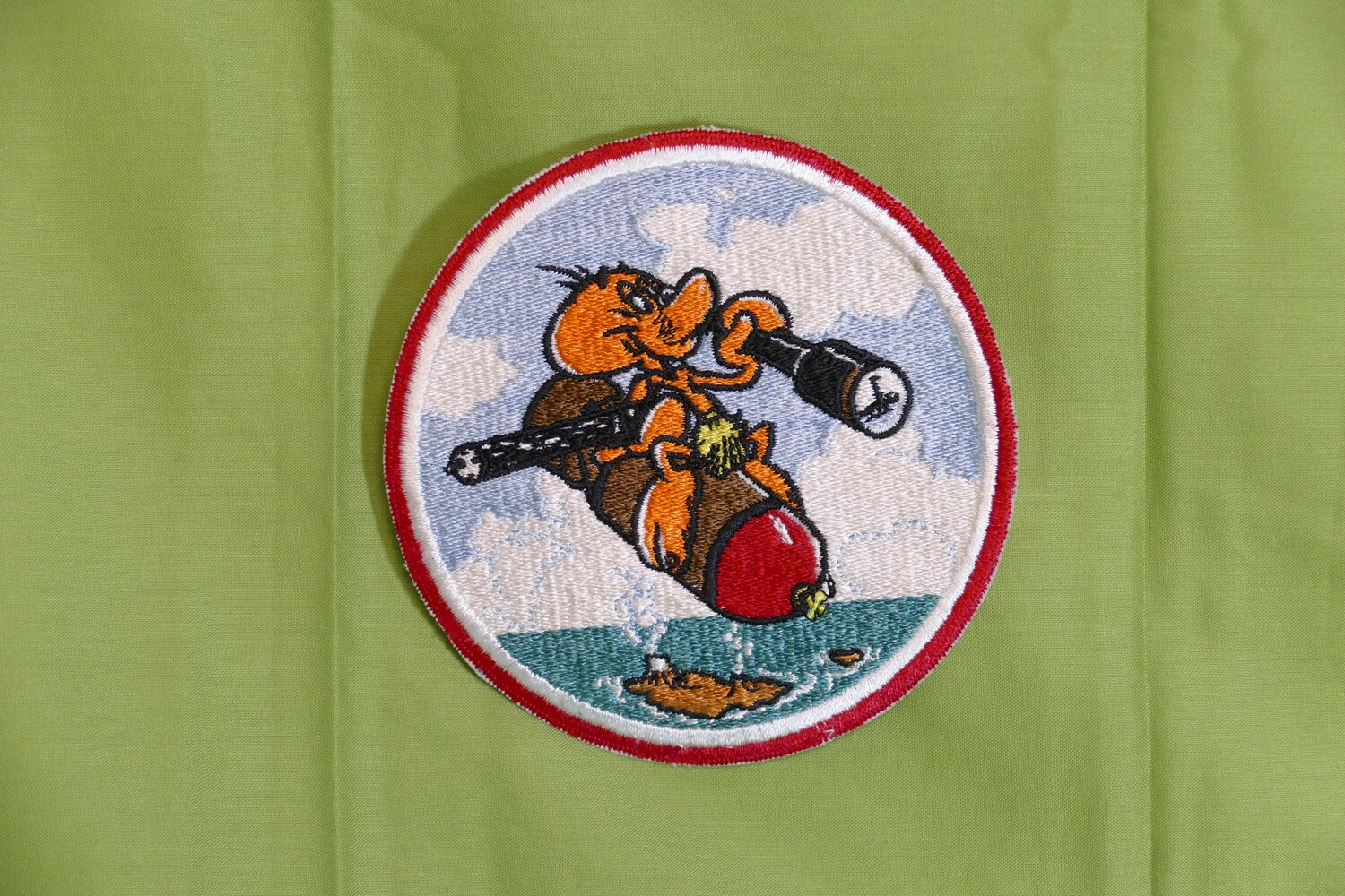 U.S. Navy Squadron Patch Depicting Cartoon Figure Riding a Bomb, WWII/Korean War Era