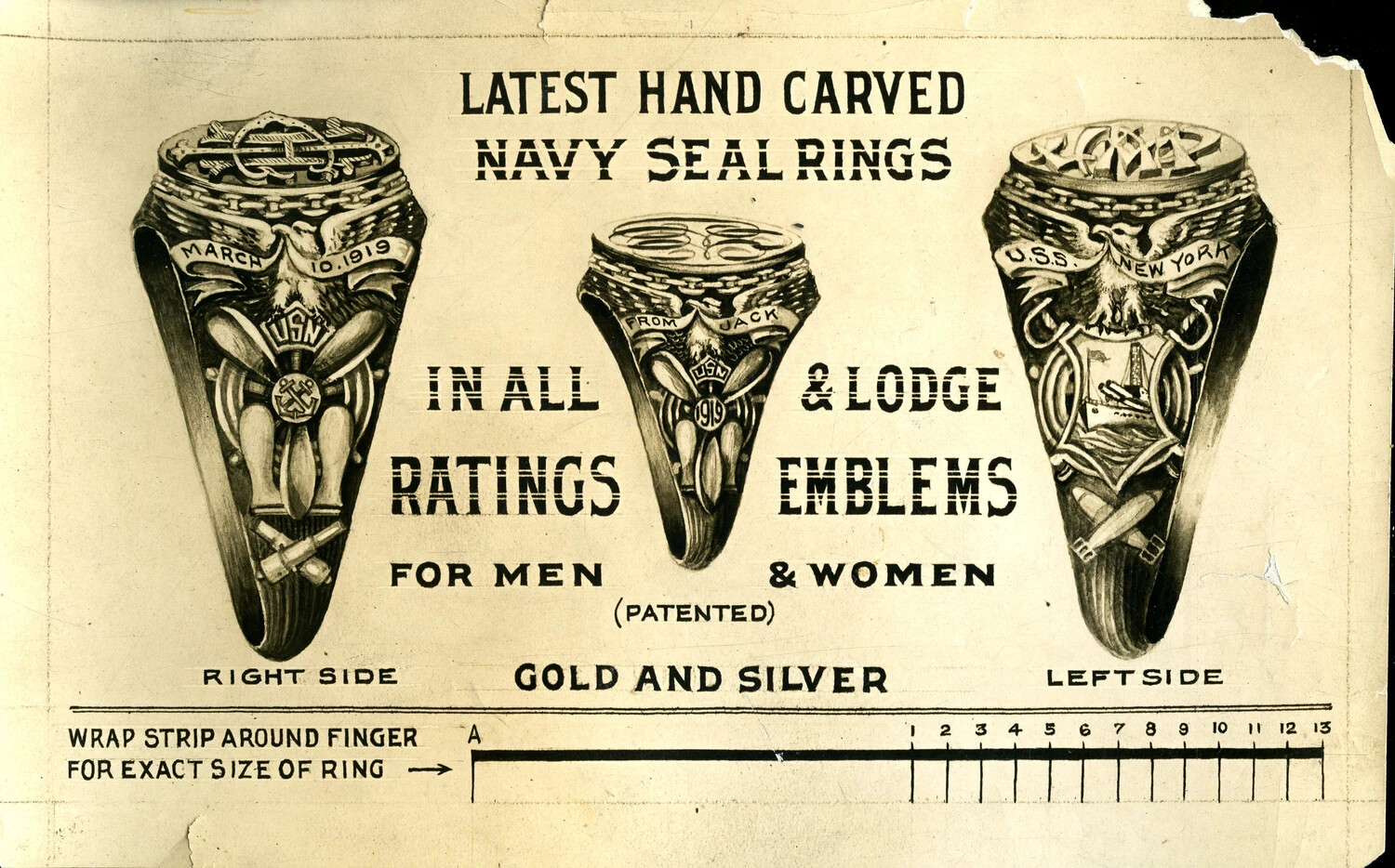 "Latest Hand Carved Navy Seal Rings" - Jeweler's Advertising Card with Ring Sizing Strip, dated 1919