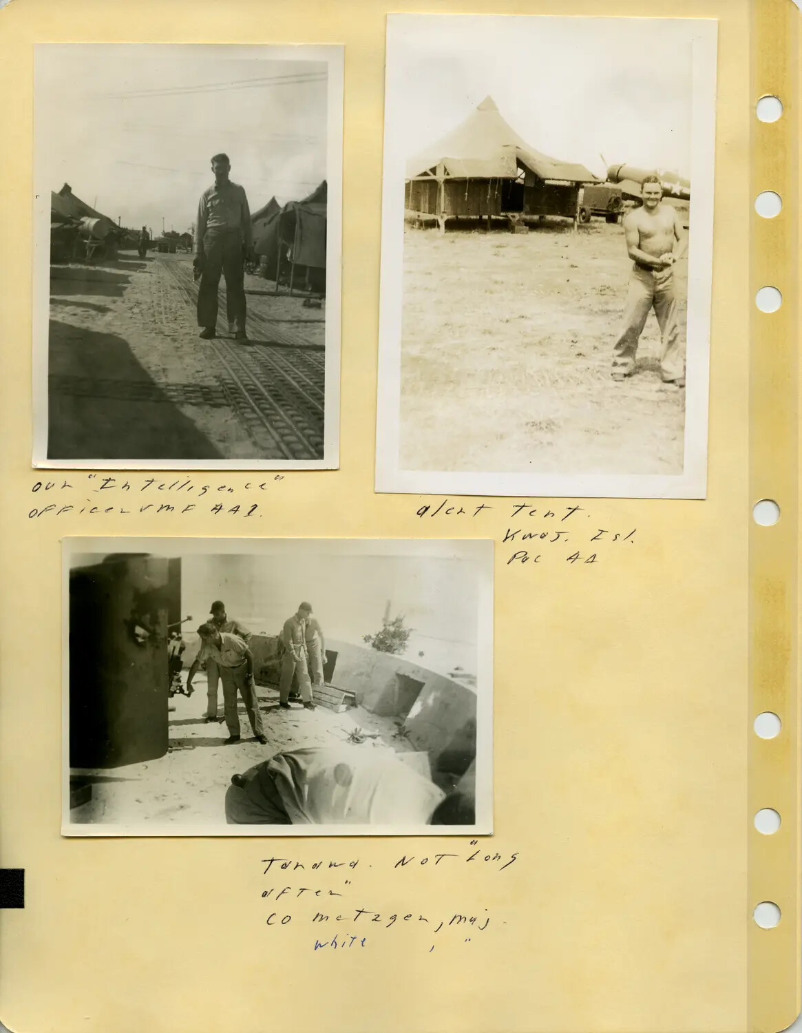 WWII Marine Corps Photo Album Page: Squadron Intelligence Officer, Alert Tent at Kwajalein, and Gun Emplacement at Tarawa "Not Long After"