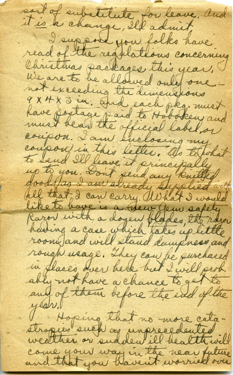 Handwritten WWI Letter (No. 20) from Pvt. Willis W. Wagener Regarding Christmas Package Regulations