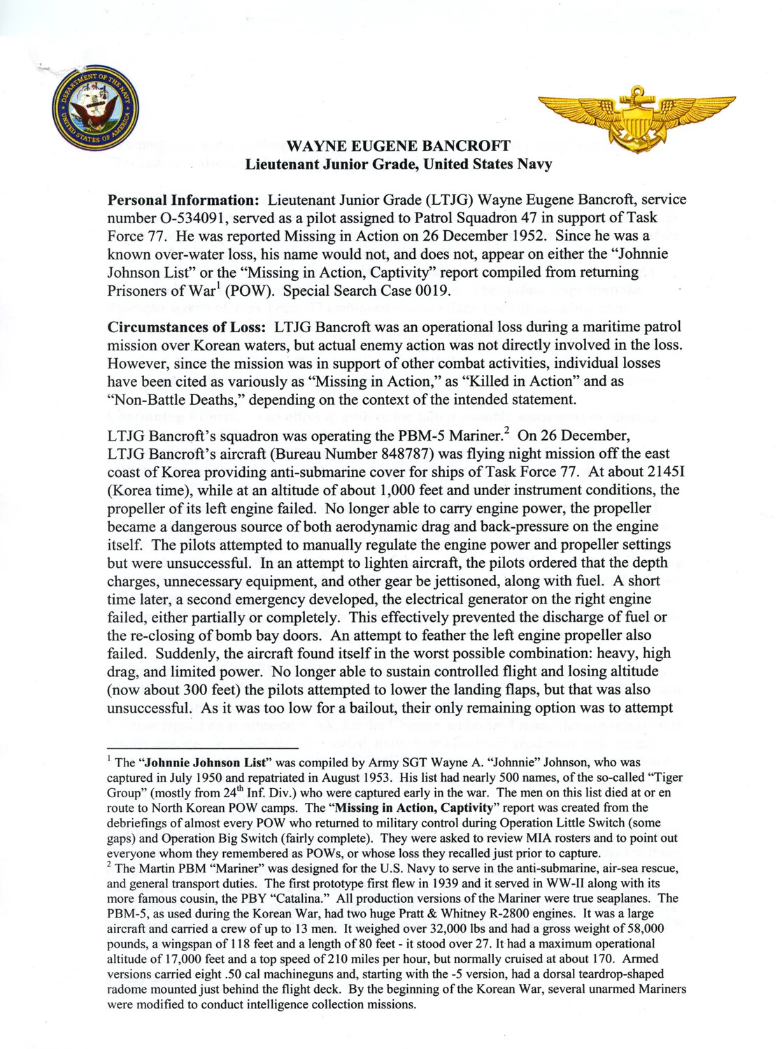 Service Record Document: LTJG Wayne Eugene Bancroft, USN, Patrol Squadron 47, Korean War Loss Report