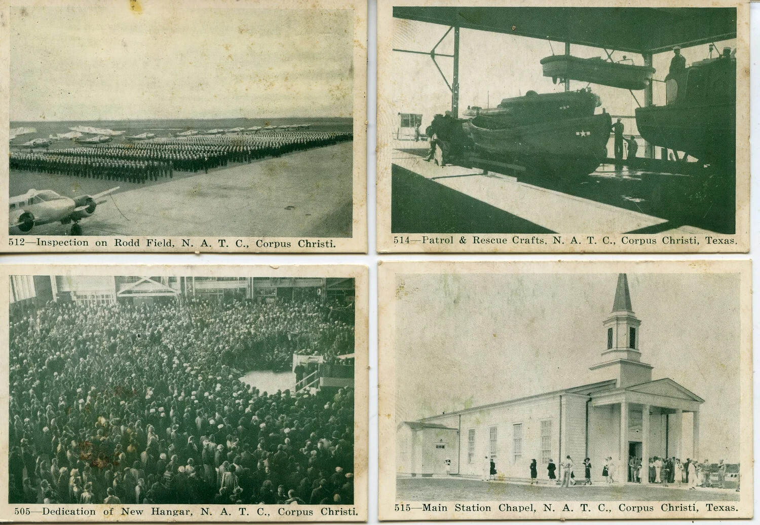 Four Souvenir Photo Postcards: N.A.T.C. Corpus Christi, Texas — Rodd Field Inspection, Patrol & Rescue Craft, New Hangar Dedication, and Main Station Chapel