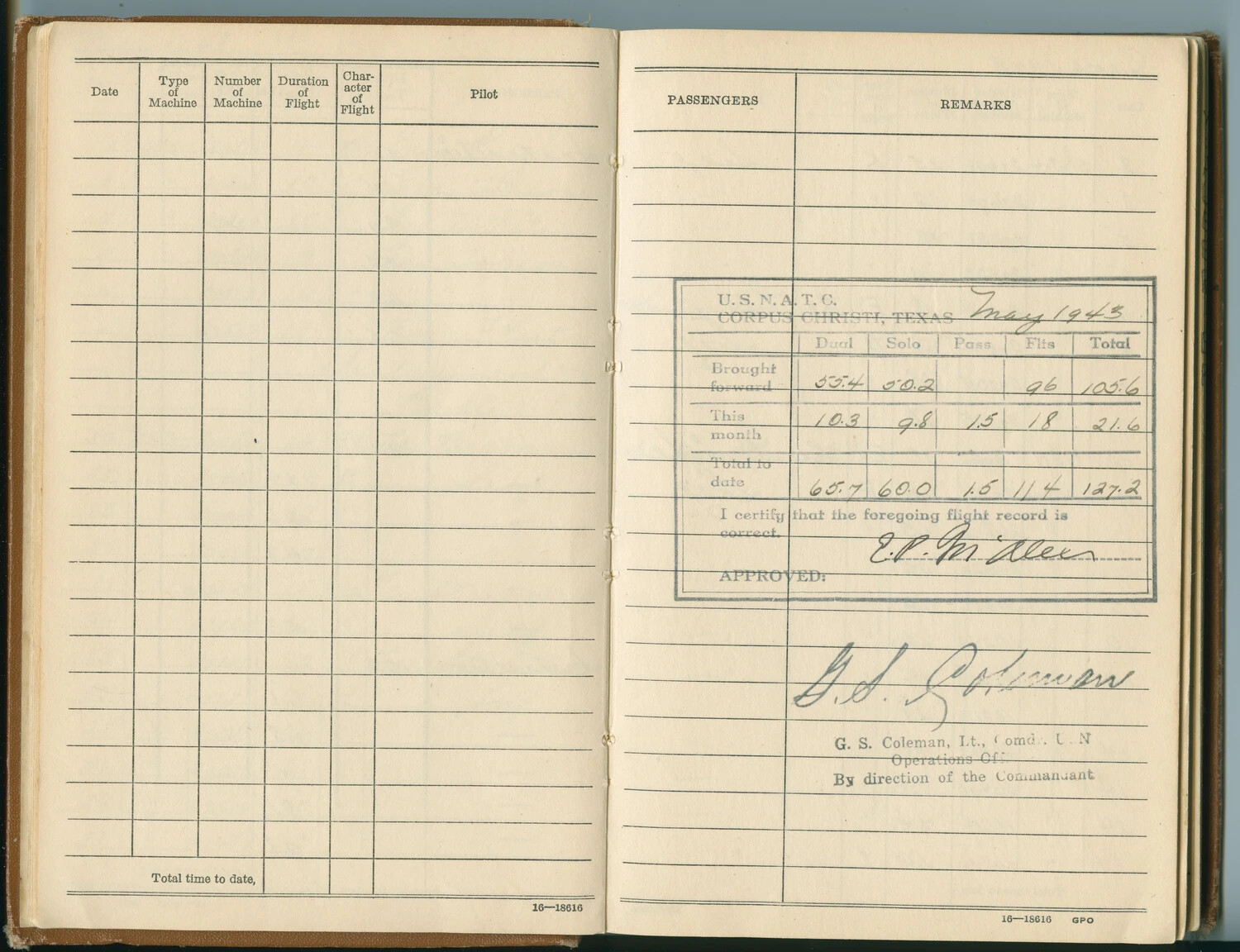 U.S. Navy Flight Log Book Page, NAS Corpus Christi Certification, May 1943 - McAleer Collection