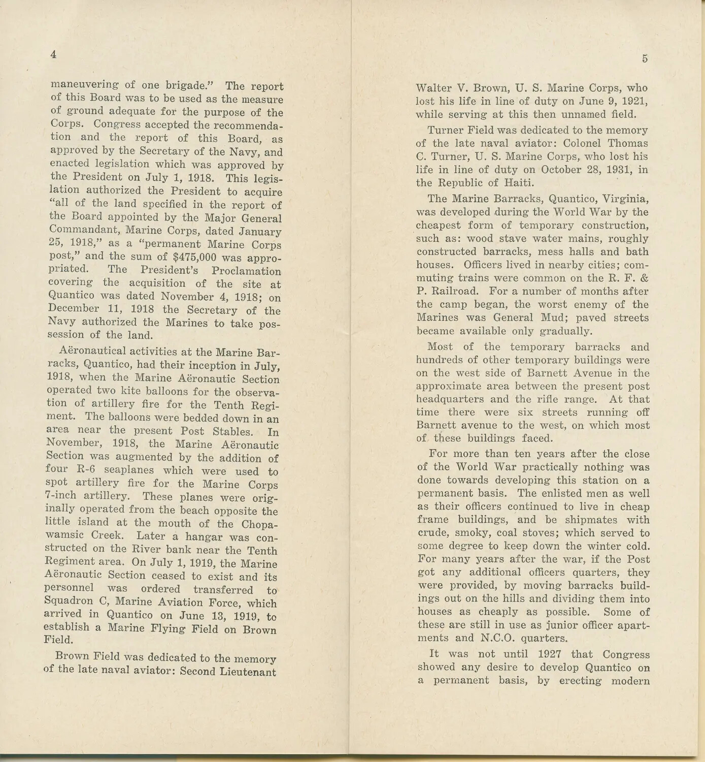 History of Marine Barracks Quantico, Virginia — Booklet Pages 4-5, Early Development and Aeronautical Origins