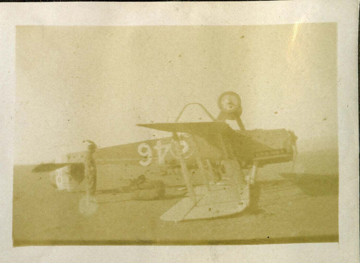 WWI-Era Biplane with Pilot on Airfield, French Roundel Visible, French Pilot Album