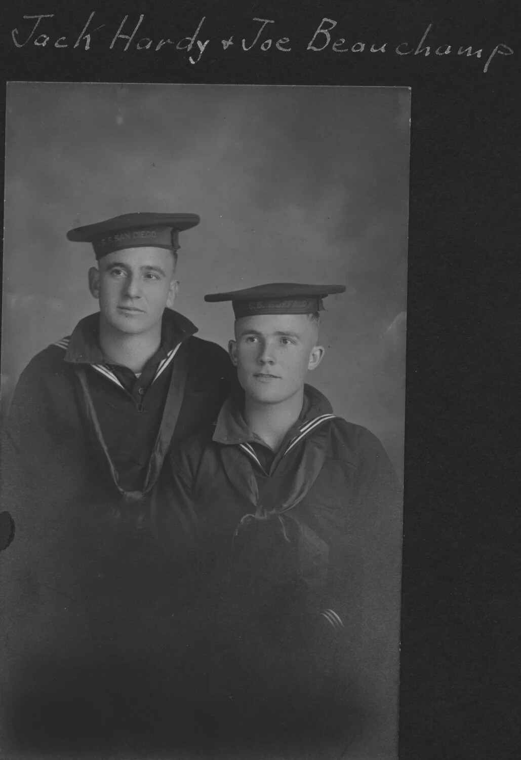 Studio Portrait of Sailors Jack Hardy and Joe Beauchamp, USS San Diego, Mare Island, 1917