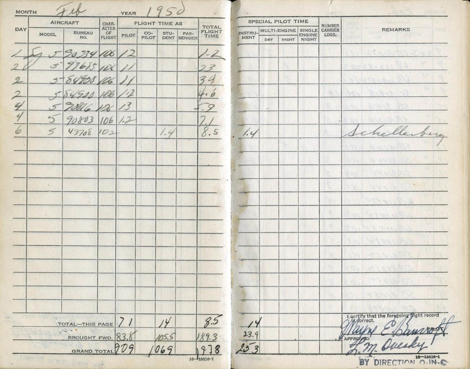 U.S. Navy Pilot Flight Logbook Page, Lt. Wayne E. Bancroft, February 1950