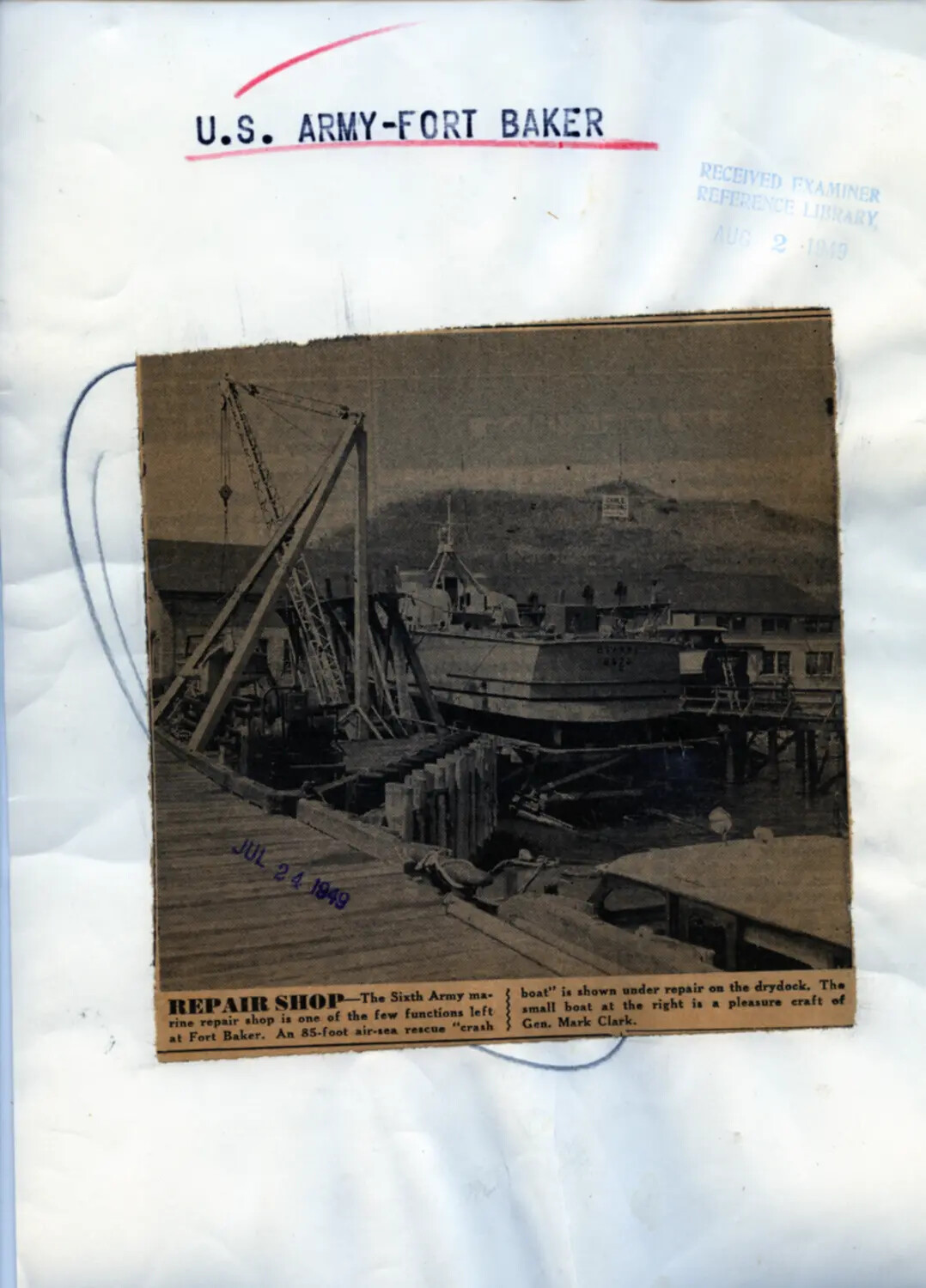 Newspaper Clipping: 'Repair Shop' at U.S. Army Fort Baker Marine Facility, Sixth Army, 1949