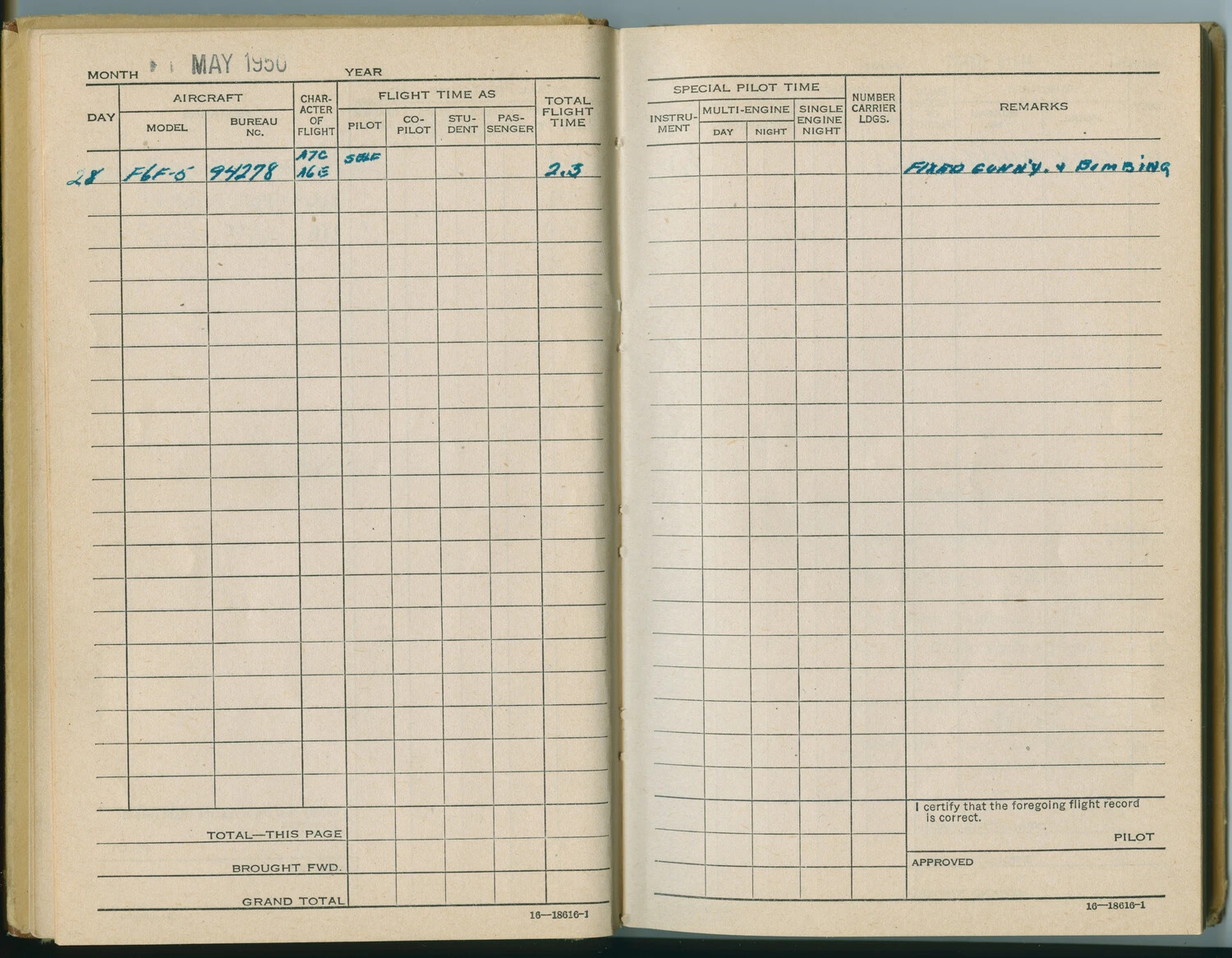 Pilot Flight Logbook Page, May 1950 — F6F-5 Hellcat Gunnery and Bombing Training Entry