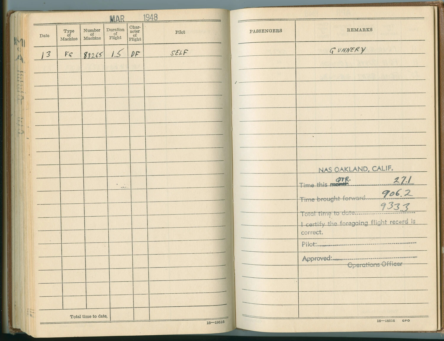 Naval Aviator Flight Logbook Page, March 1948 - Pat McAleer Collection, NAS Oakland