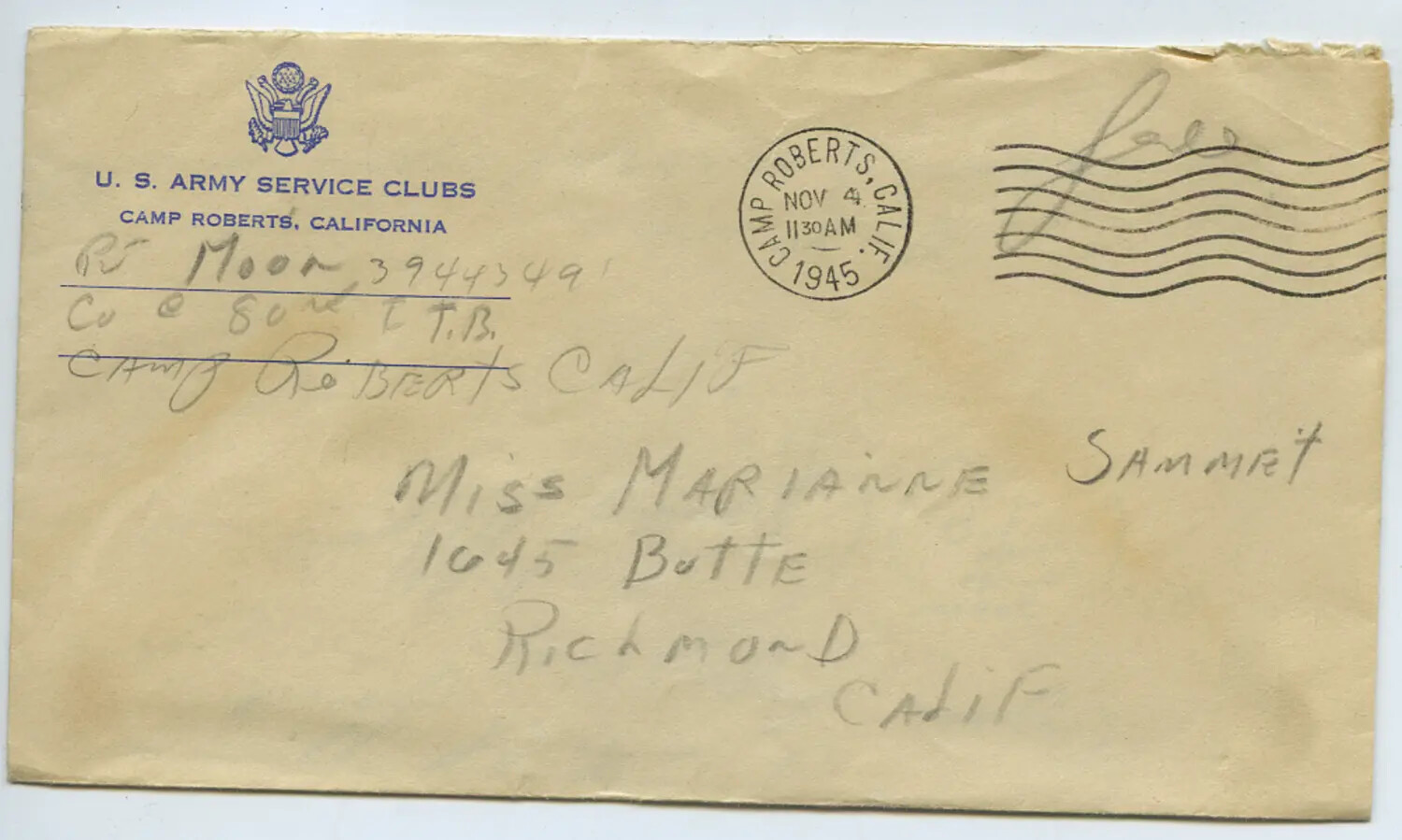 WWII Military Envelope, R. J. Moon to Miss Marianne Sammet, Camp Roberts, California, November 4, 1945