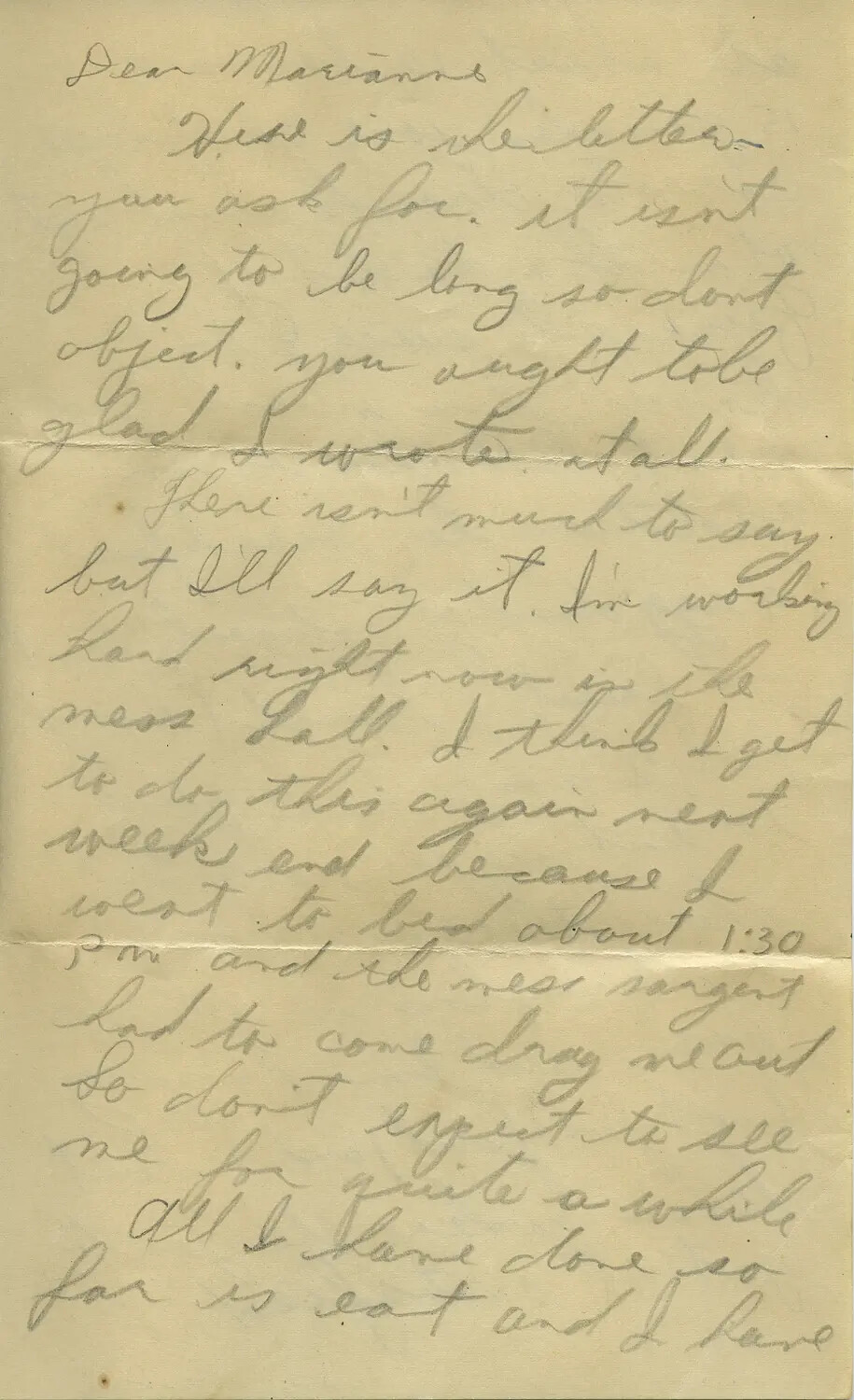 Handwritten Letter to "Dear Marianne" Describing Mess Hall Duty (Moon/Sammiet Family Correspondence)