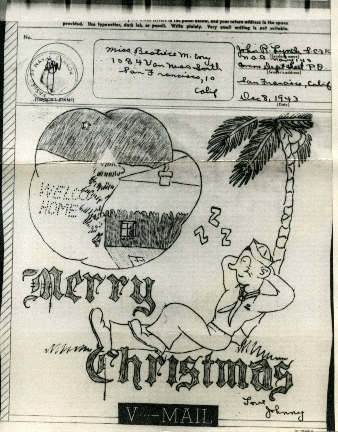 V-Mail Christmas Card — 'Merry Christmas,' Sleeping Sailor Dream Vignette, John R. Lynch S.C.3/c to Beatrice M. Cory, 8 December 1943