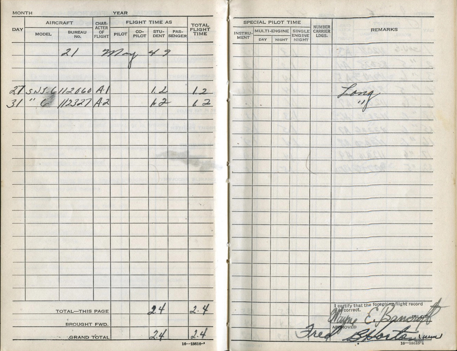 Naval Aviator Wayne E. Bancroft's Flight Logbook, SNJ-6 Trainer Entries, May 1949