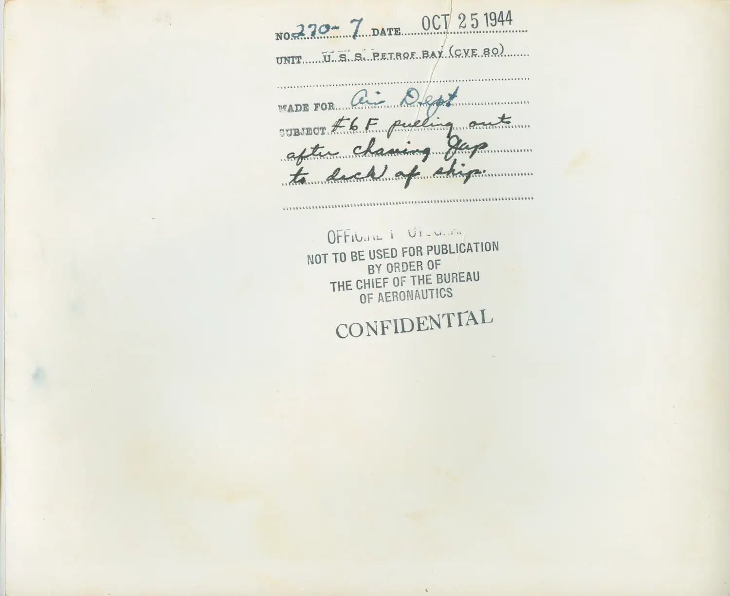 Verso Caption Card, Official U.S. Navy Photograph No. 270-7, USS Petrof Bay (CVE-80), 25 October 1944