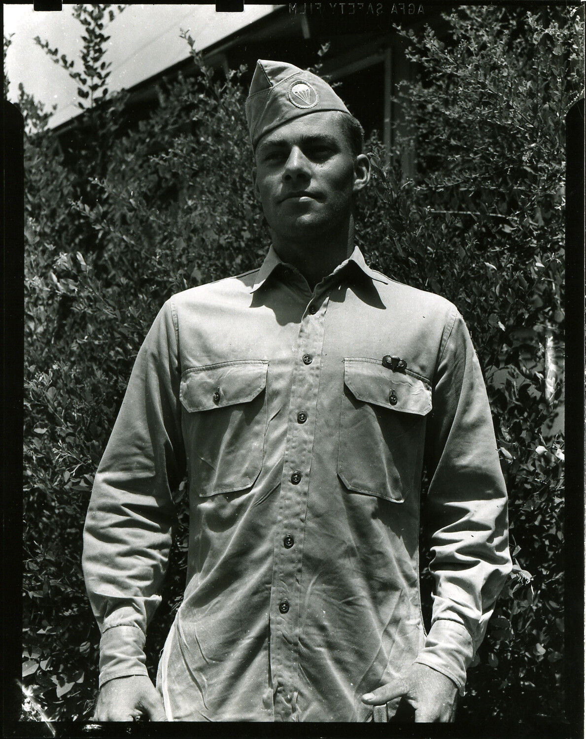 Portrait of a U.S. Army Paratrooper in Khaki Work Uniform, Fort Bragg, North Carolina, WWII Era