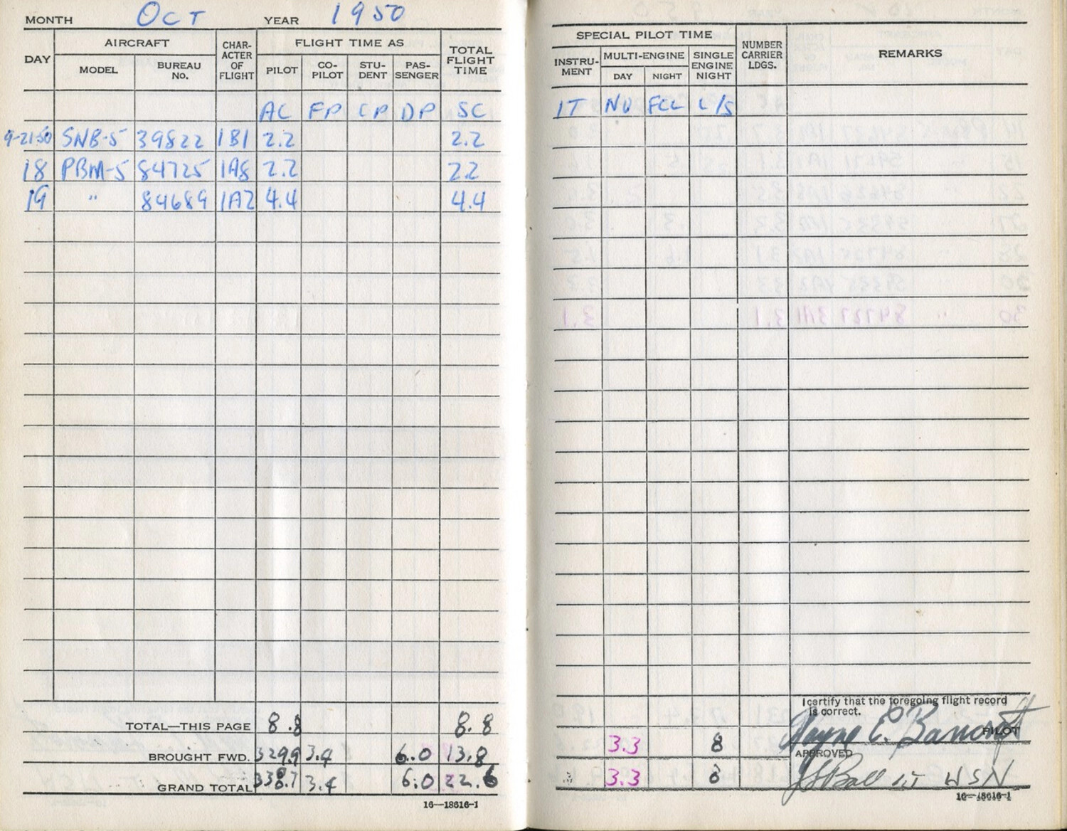 Pilot Flight Logbook Page, Lt. Wayne E. Bancroft, USN, October 1950