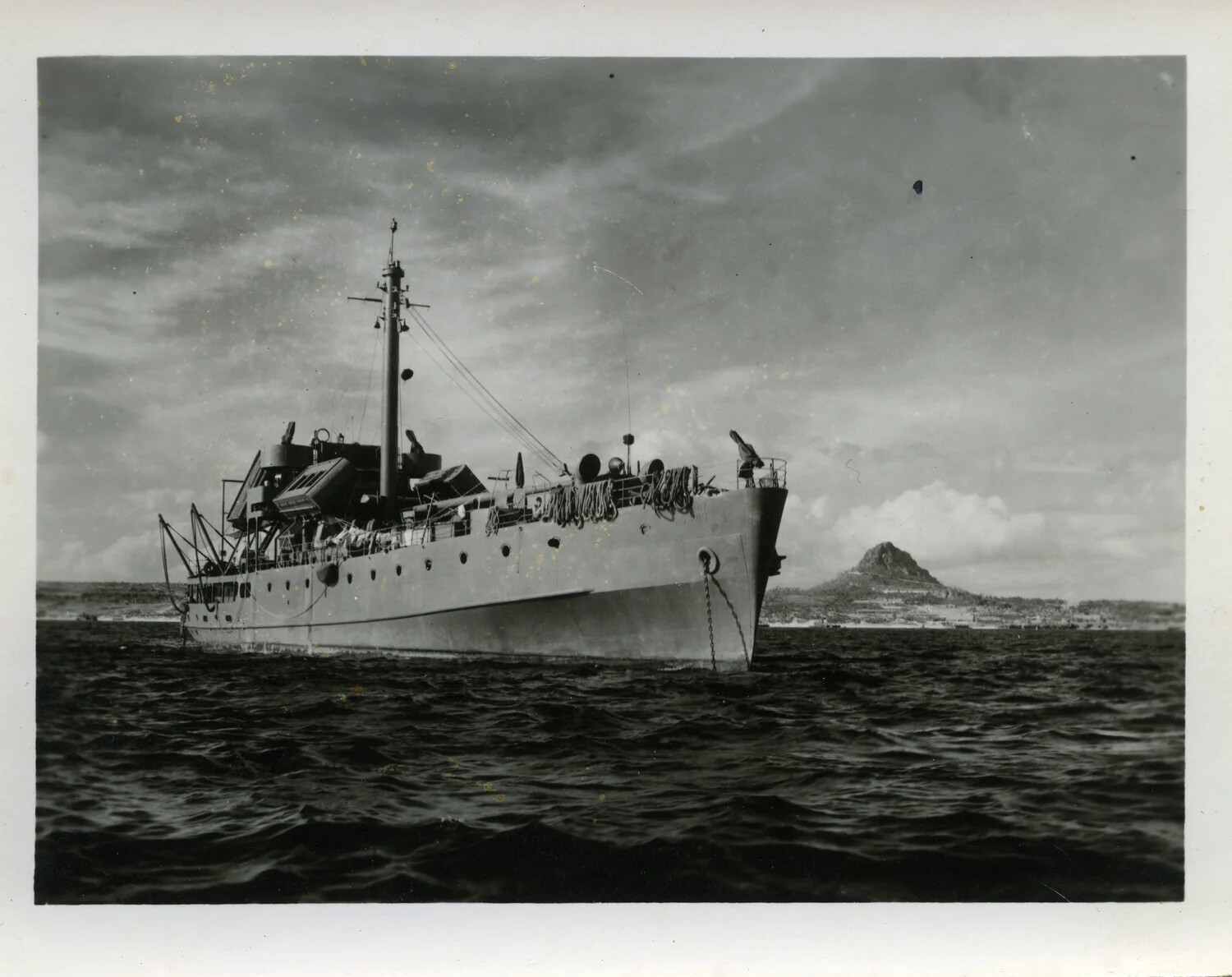 U.S. Navy Auxiliary/Repair Vessel at Anchor off Ie Shima, Ryukyu Islands, 1945