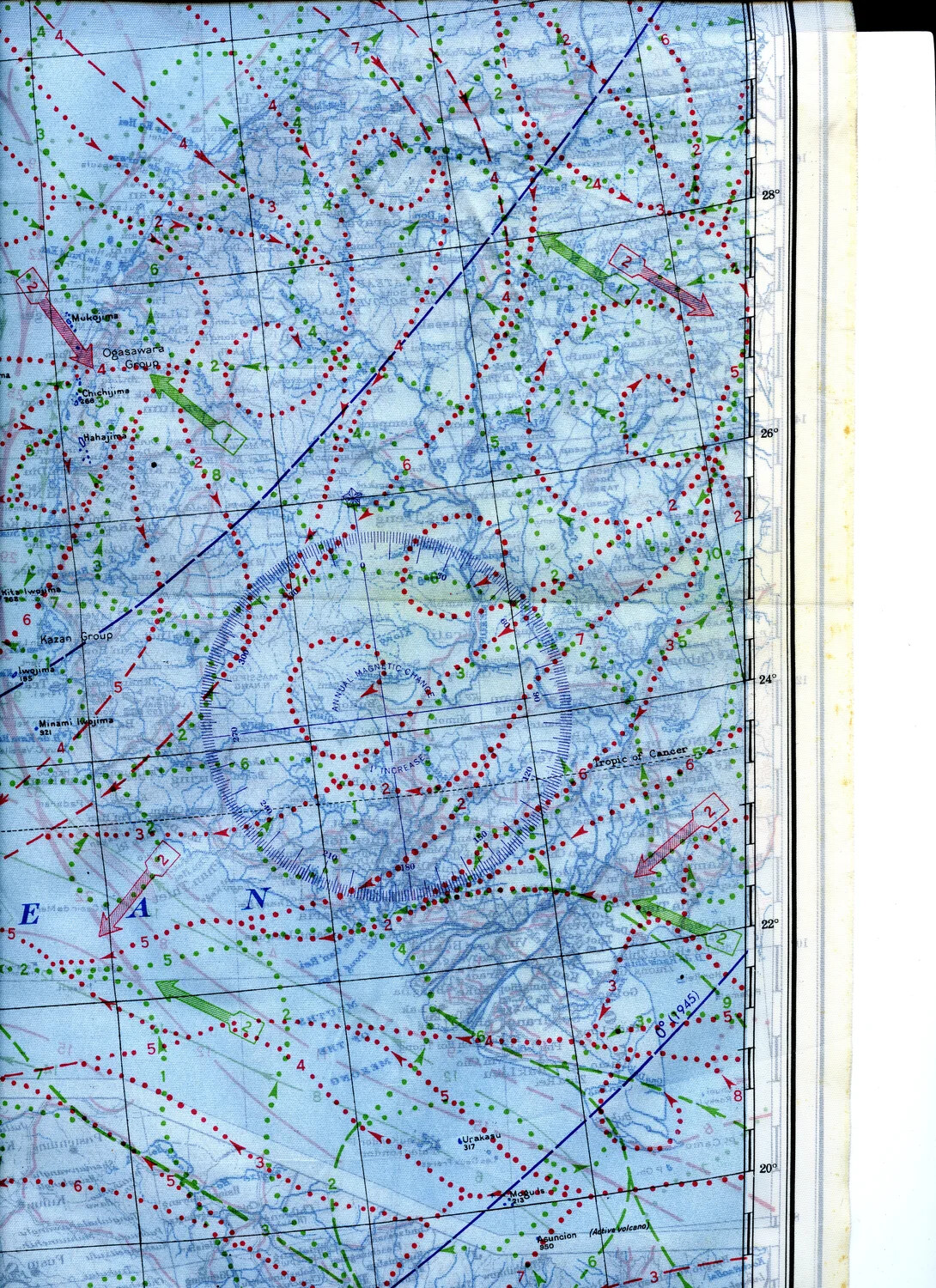 WWII Silk Escape Map Detail - Bonin/Volcano Islands to Northern Mariana Islands with Magnetic Variation Diagram