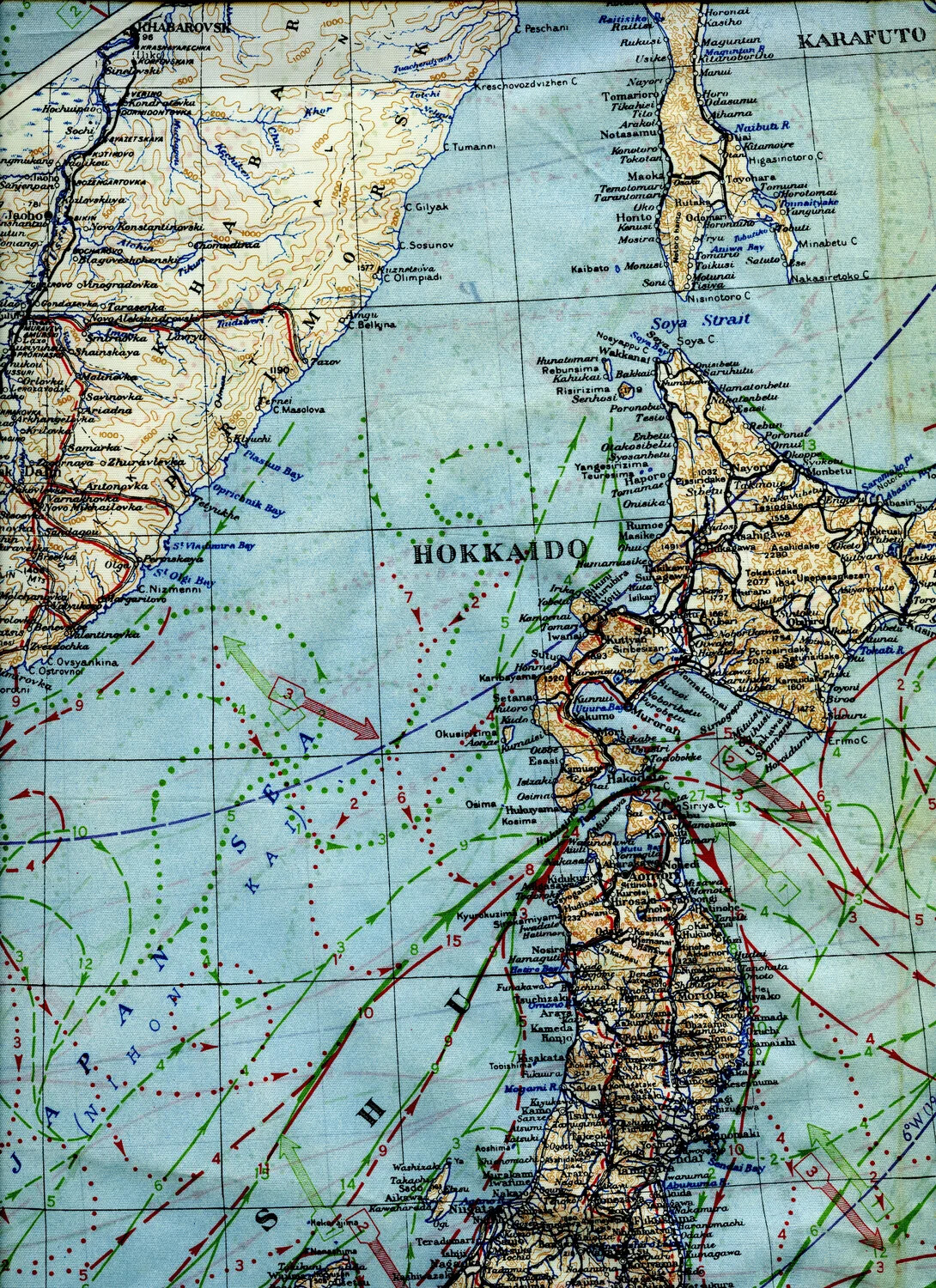 WWII U.S. Army Air Forces Silk Escape and Evasion Map — Hokkaido, Karafuto, and Siberian Coast, Sea of Japan Region