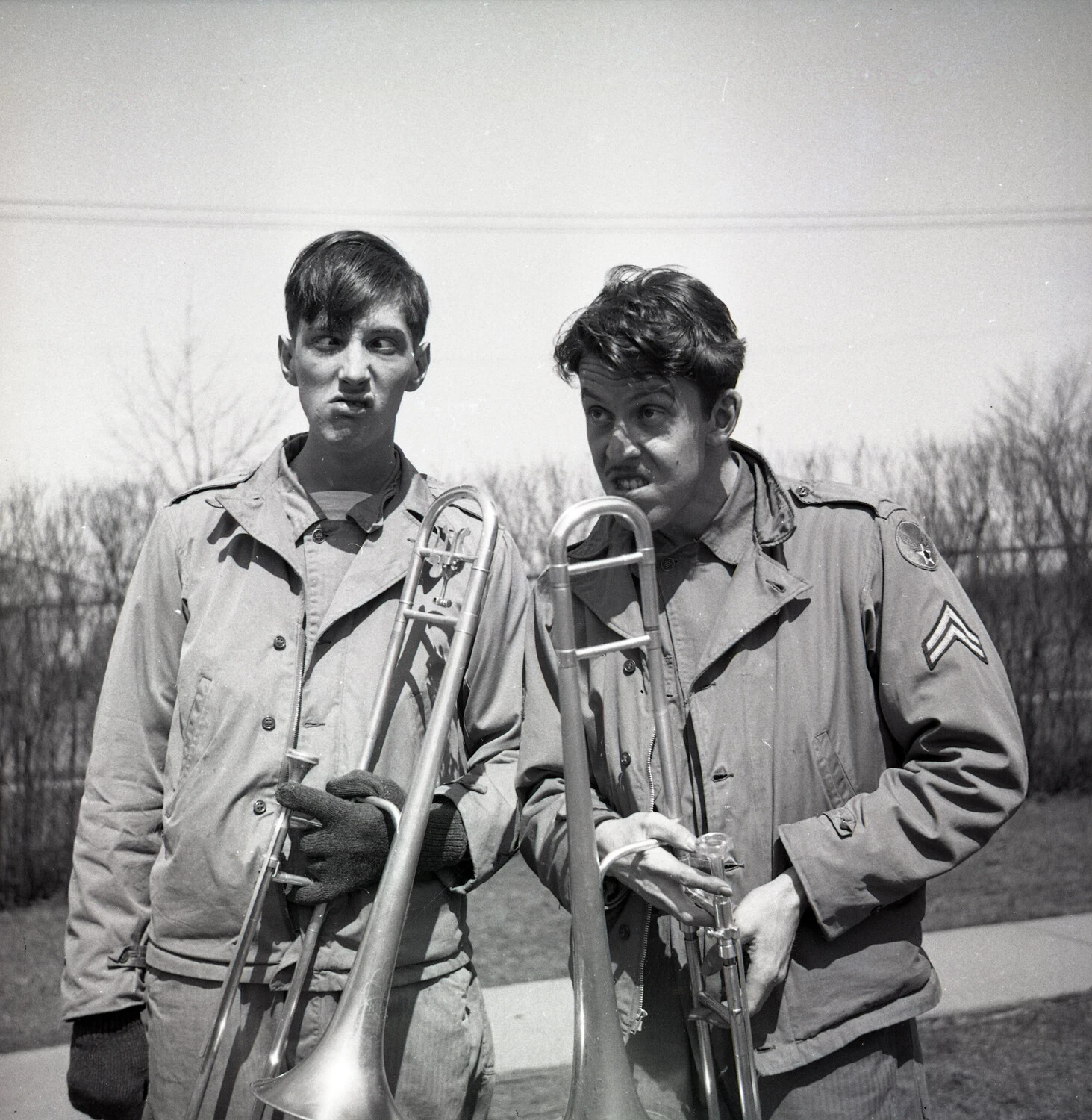 Army Air Forces Bandsmen Mugging for the Camera with Trombones, Close-Up Portrait