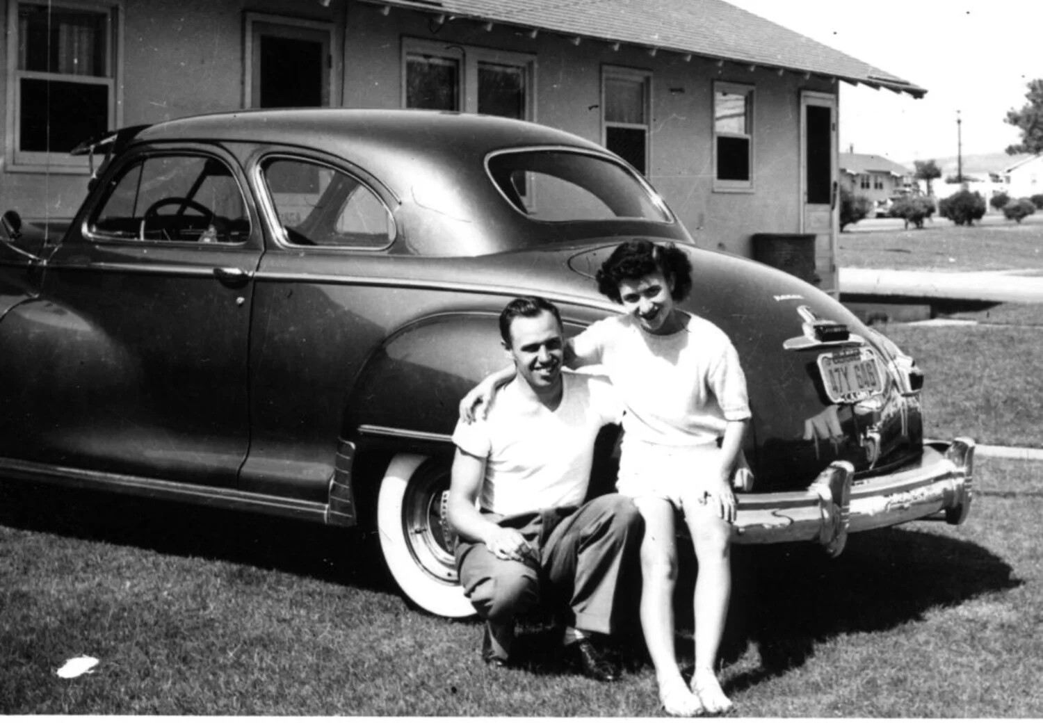 Naval Officer and Companion with Family Sedan, Late 1940s Home Front Snapshot