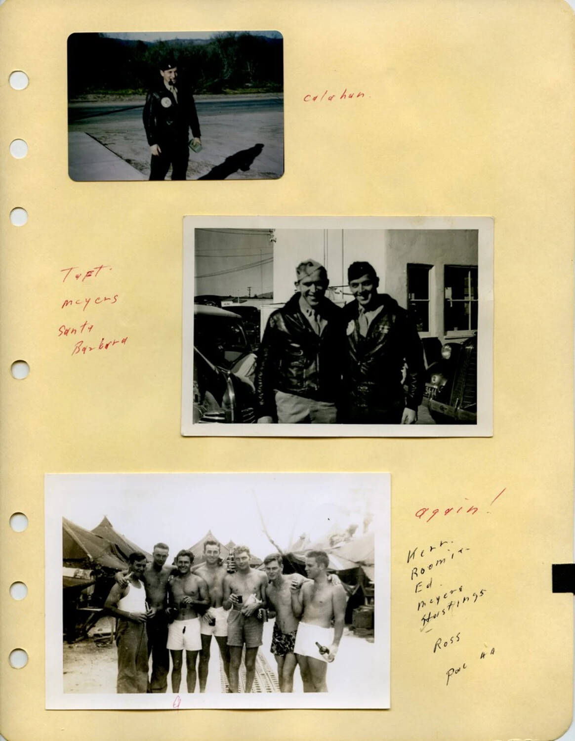 McAleer Family Photo Album Page — Marine Aviators at Santa Barbara and Pacific Encampment, WWII