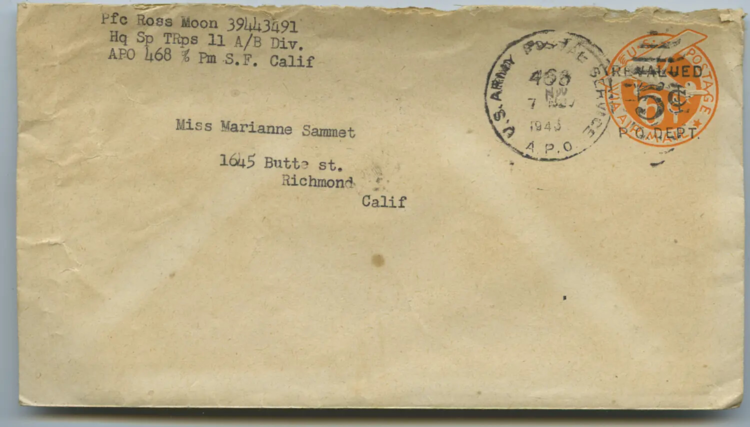 WWII Airmail Envelope, Pfc Ross Moon, 11th Airborne Division, APO 468, to Marianne Sammet, Richmond, California