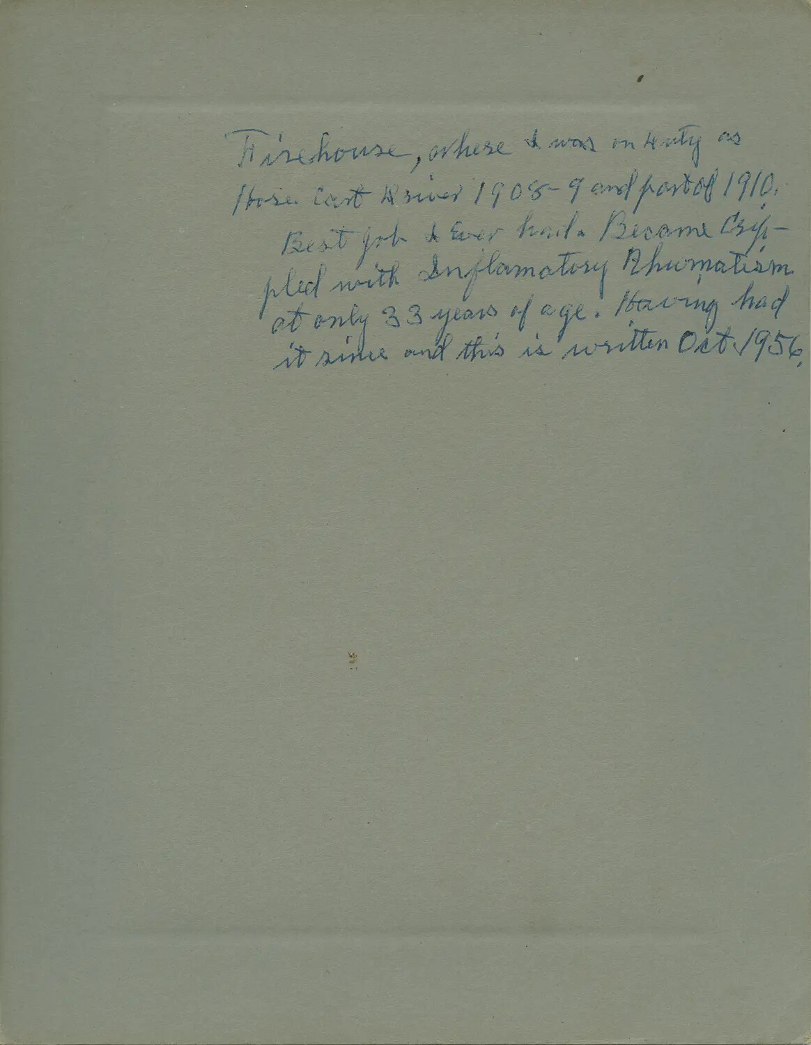 Verso Inscription: Handwritten Reminiscence on Firehouse Hose Cart Service, 1908-1910 (Annotated October 1956)