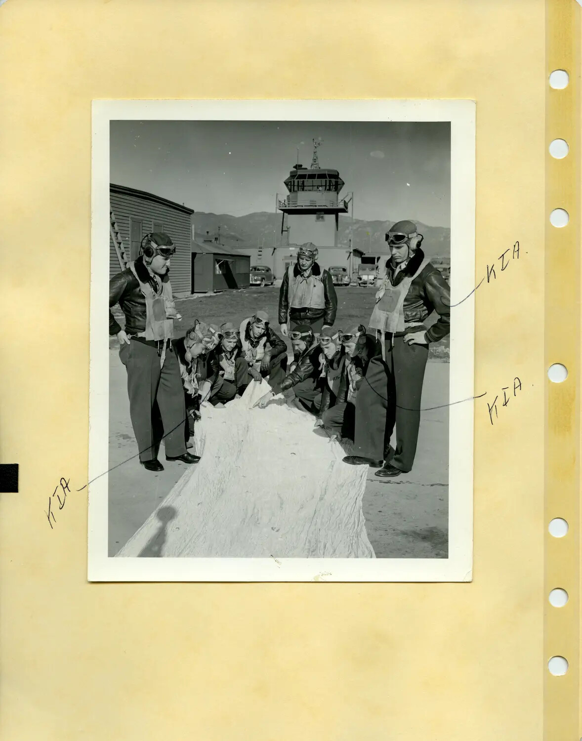 Naval Aviators with Parachute at Air Station, with Posthumous 'KIA' Annotations, WWII (Pat McAleer Collection)