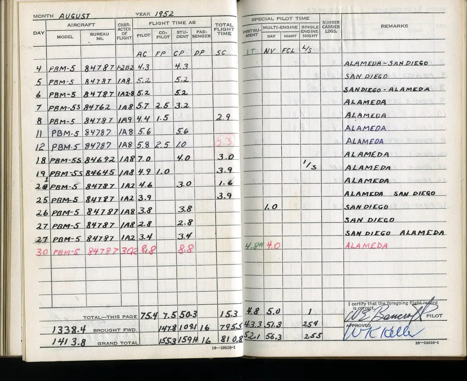 Lt. W. E. Bancroft's Naval Flight Logbook, August 1952 — PBM Mariner Flying Boat Operations