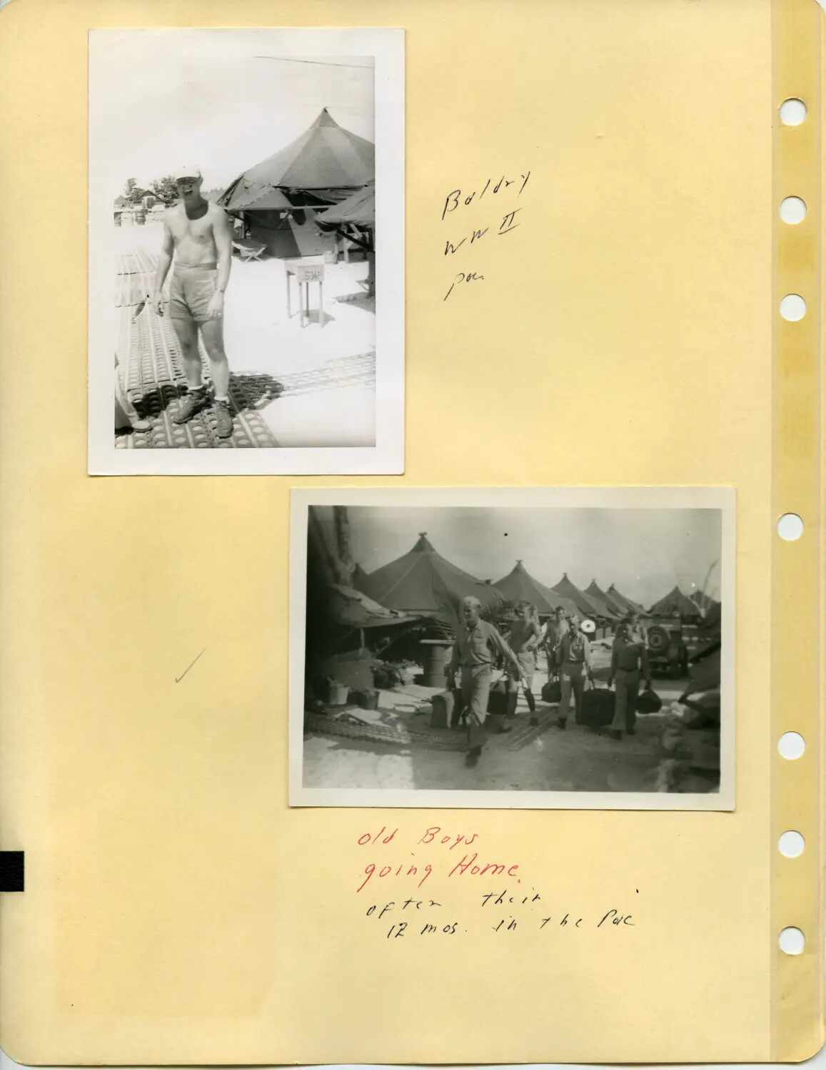 Album Page: 'Baldry' and 'Old Boys Going Home' - Pacific Theater Tent Camp, WWII