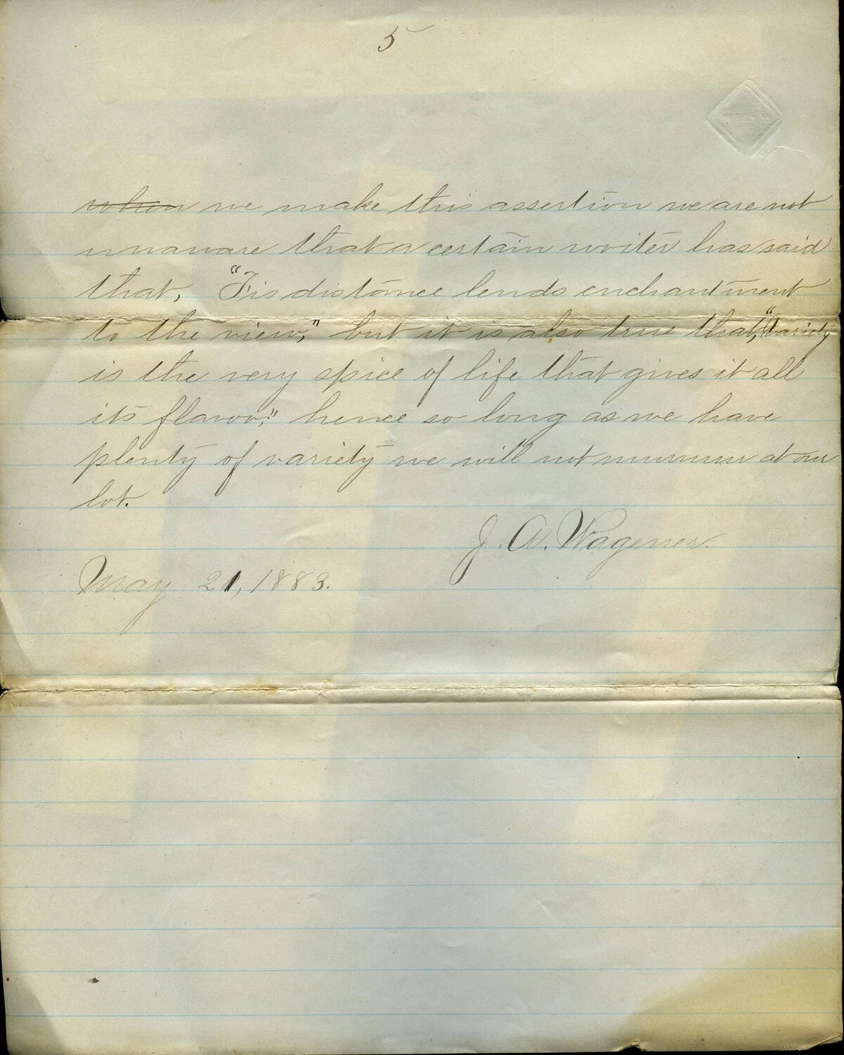Handwritten Letter Page, J. A. Wagener, Dated May 21, 1883 — Page 5, 'The Square'