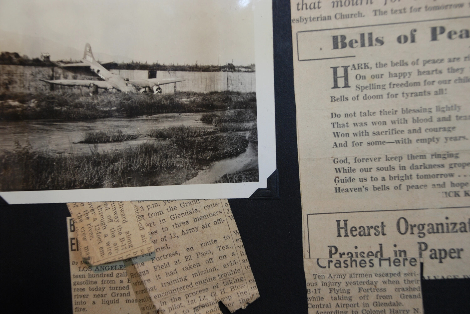B-17 Flying Fortress Crash Landing Near Grand Central Airport, Glendale, California, with Accompanying Newspaper Clippings, World War II