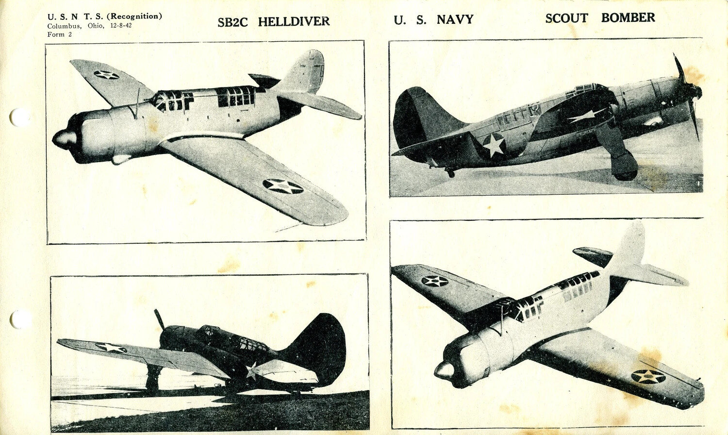 U.S.N.T.S. Aircraft Recognition Card: SB2C Helldiver Scout Bomber (Form 2, Columbus, Ohio, 12-8-42)