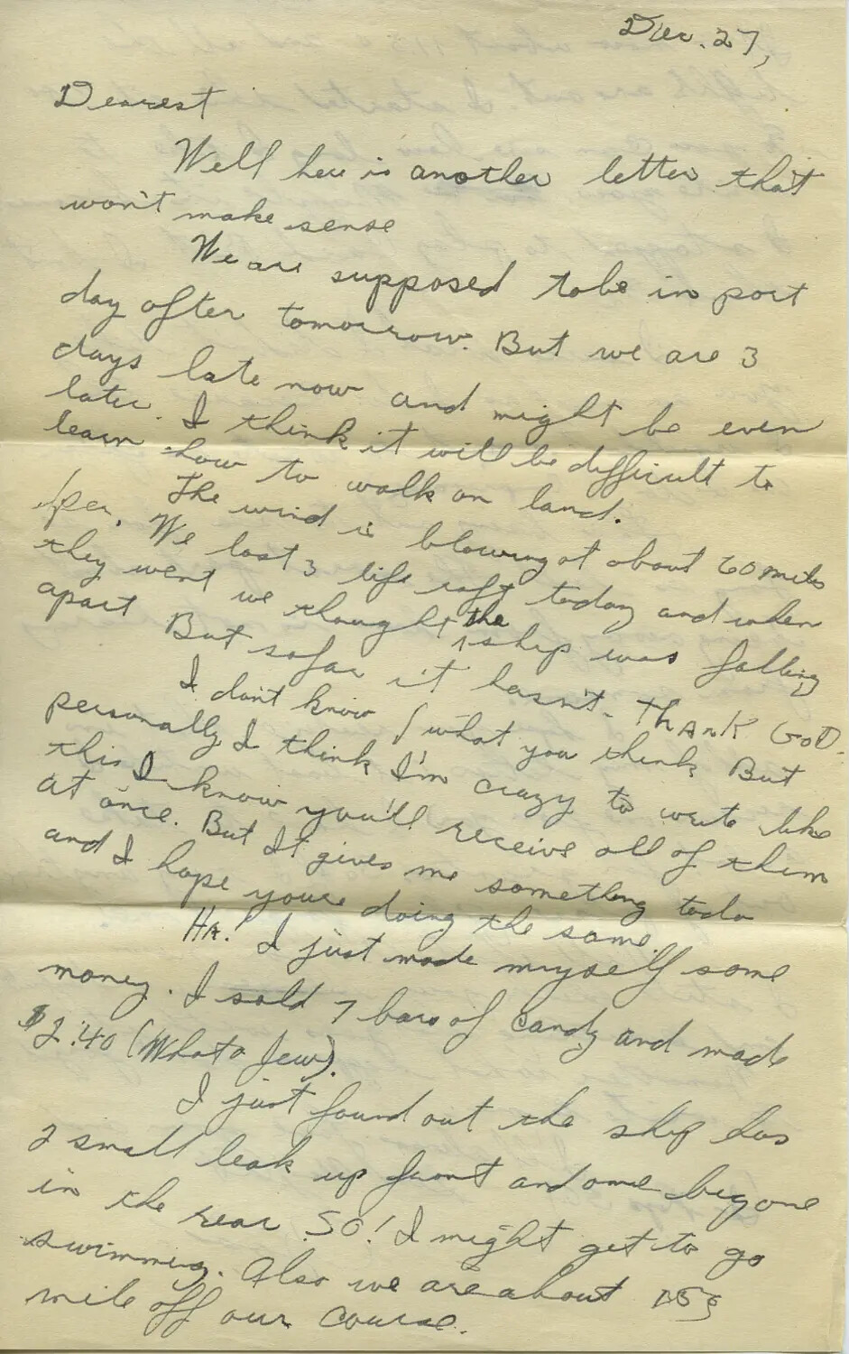 Handwritten Wartime Letter, 'Dec. 27' — Shipboard Correspondence, Moon Family Collection