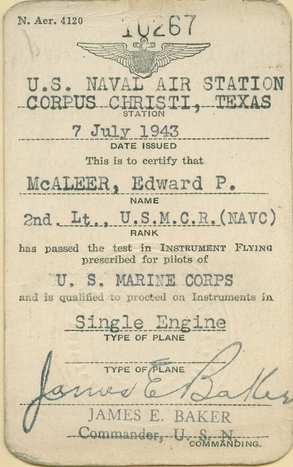 Instrument Flying Certification Card, 2nd Lt. Edward P. McAleer, USMCR, NAS Corpus Christi, 7 July 1943