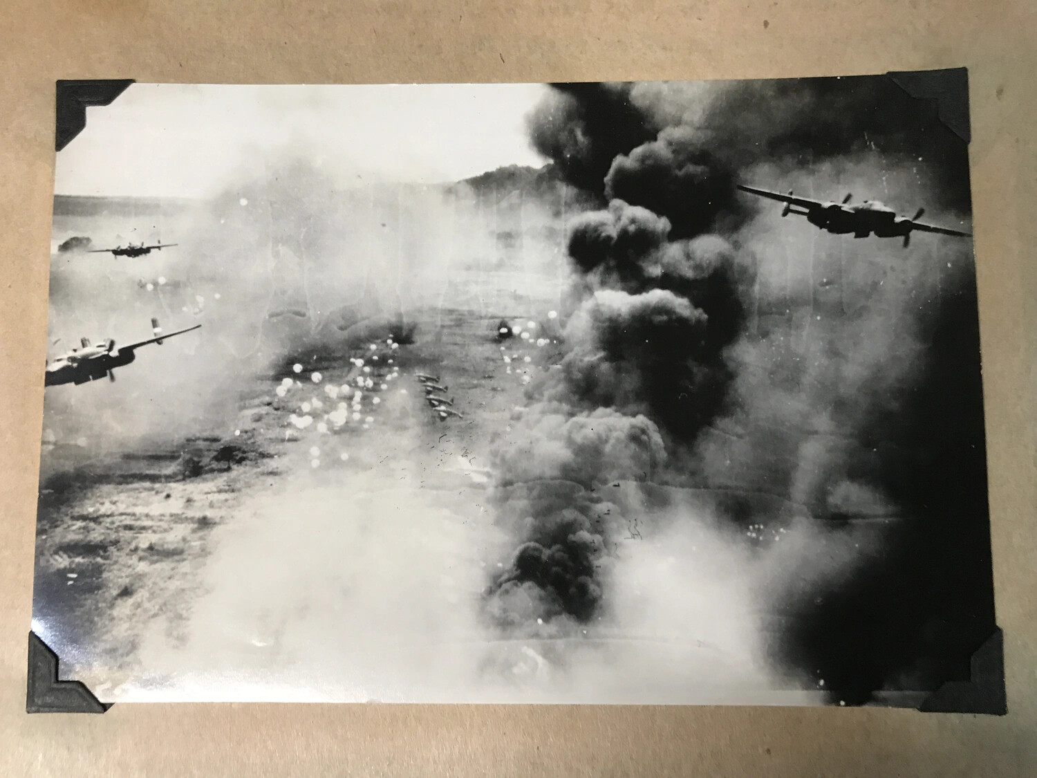 B-25 Mitchell Formation Sweeping Low Over Target Amid Parafrag Bomb Drop and Smoke (Duplicate Print)