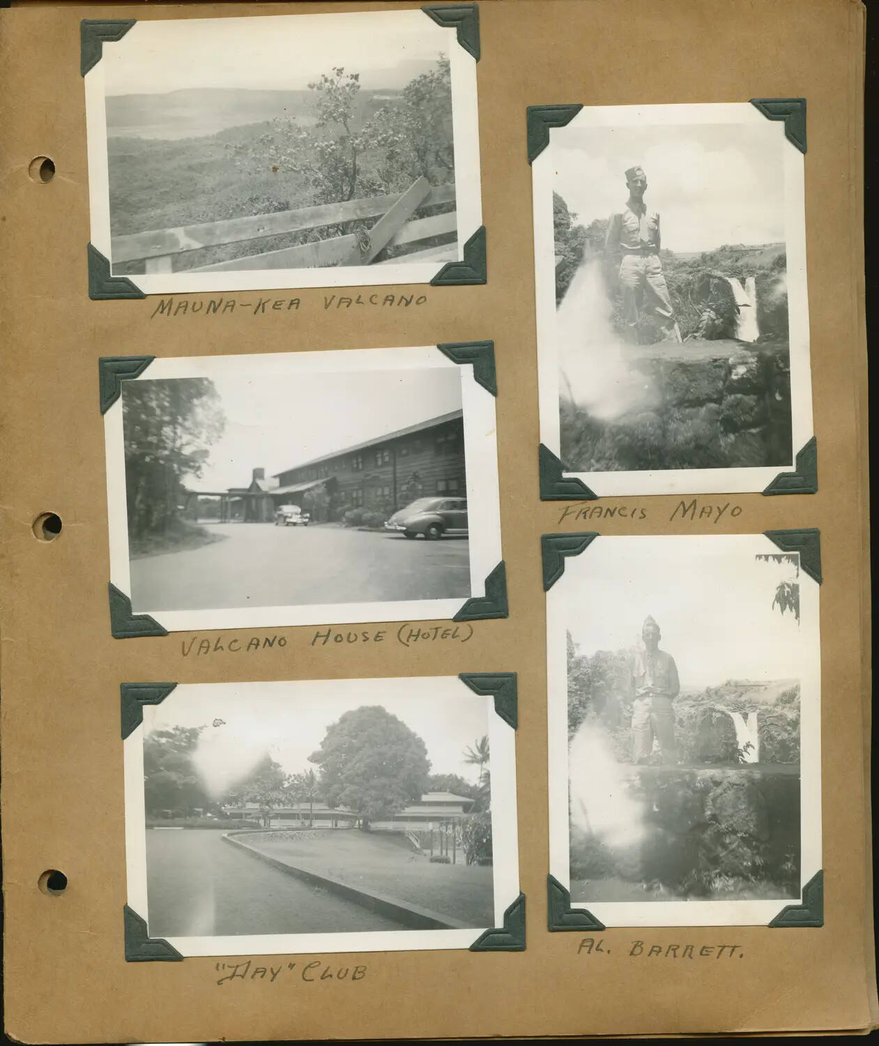Album Page: Volcano House, Mauna Kea, and Waterfall Portraits of Servicemen Francis Mayo and Al. Barrett, Hawaii, World War II Era