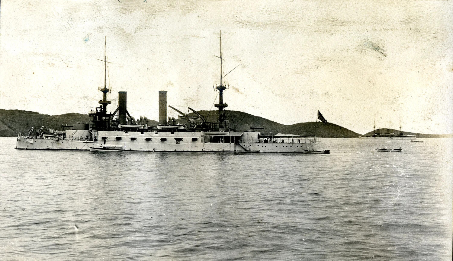 U.S. Navy Protected Cruiser at Anchor in Harbor, Believed USS Columbia or Sister Vessel, c. 1900s