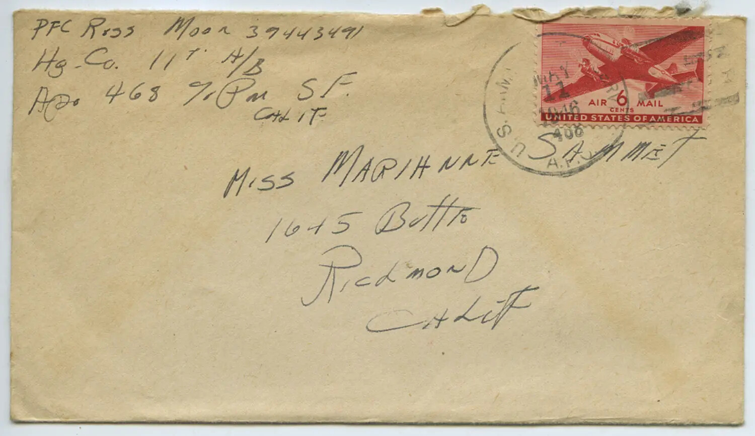 WWII-Era Airmail Envelope from PFC Ross Moon, 11th Airborne Division, to Miss Marianne Sammiet