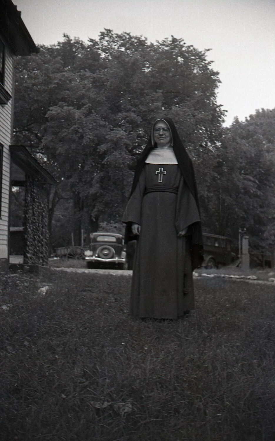 Catholic Nun Posed in Farmyard, Stateside Family Snapshot, WWII Era