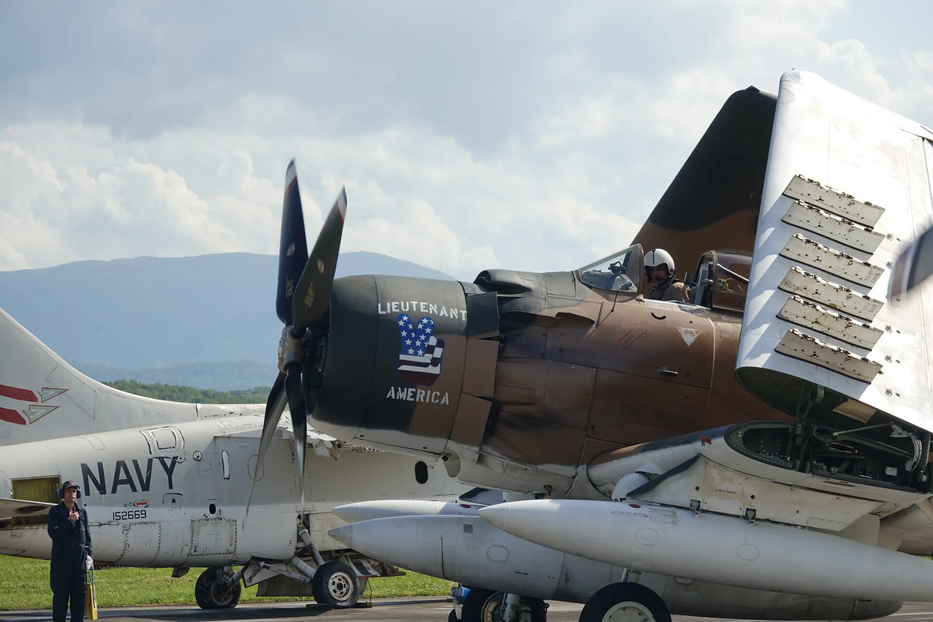 Restored A-1 Skyraider 'Lieutenant America' with US Navy A-7A Corsair II (BuNo 152669), Airshow, May 2019